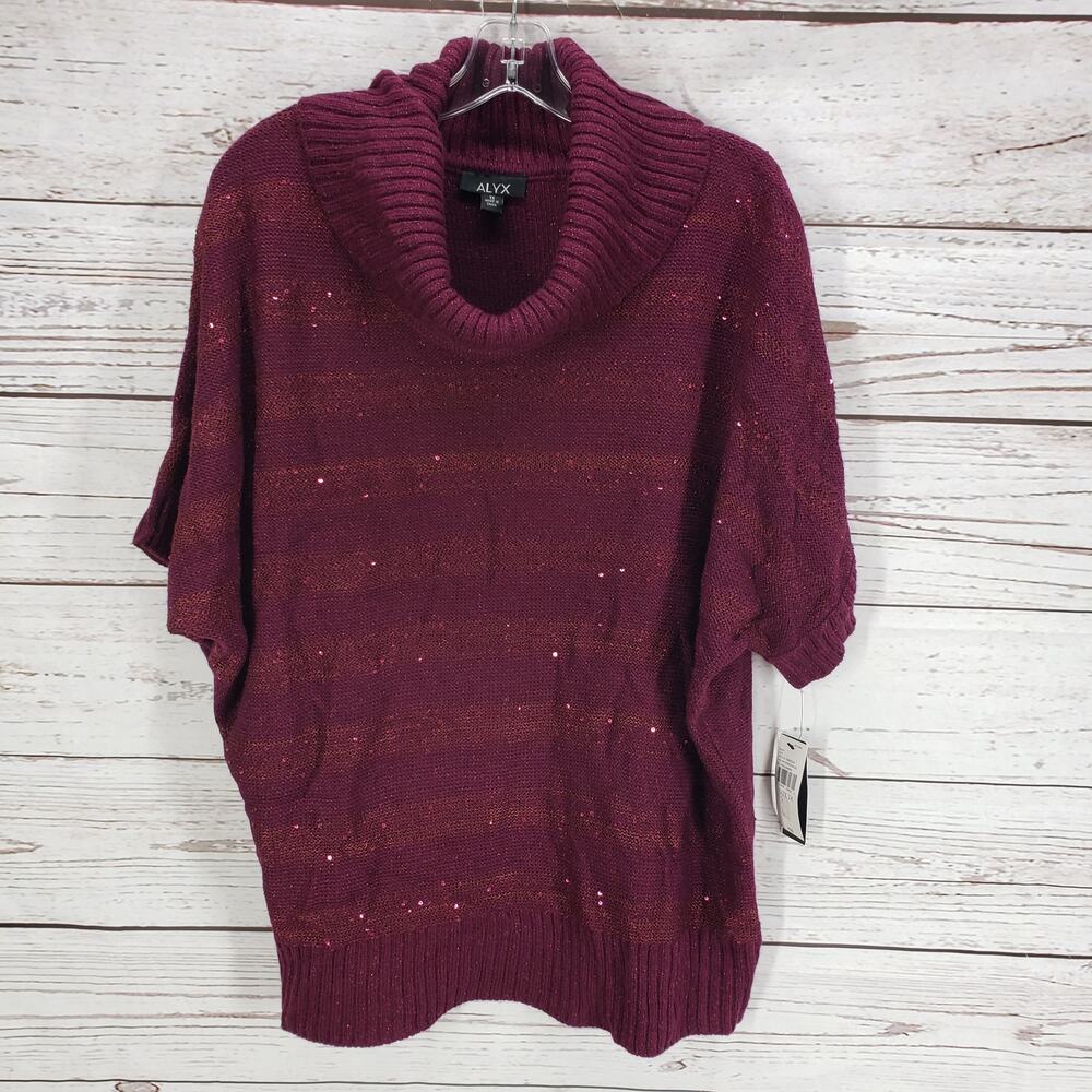 ALYX New Burgundy Knit Metallic Sequins Cowl Neck Dolman Sleeve Top Size 1X